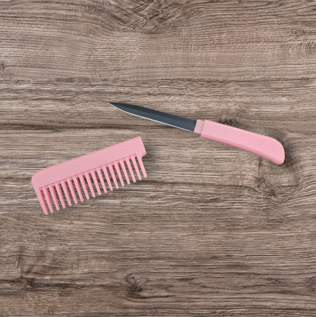 Hair Comb with Concealed Pocket Knife in Handle - Pink