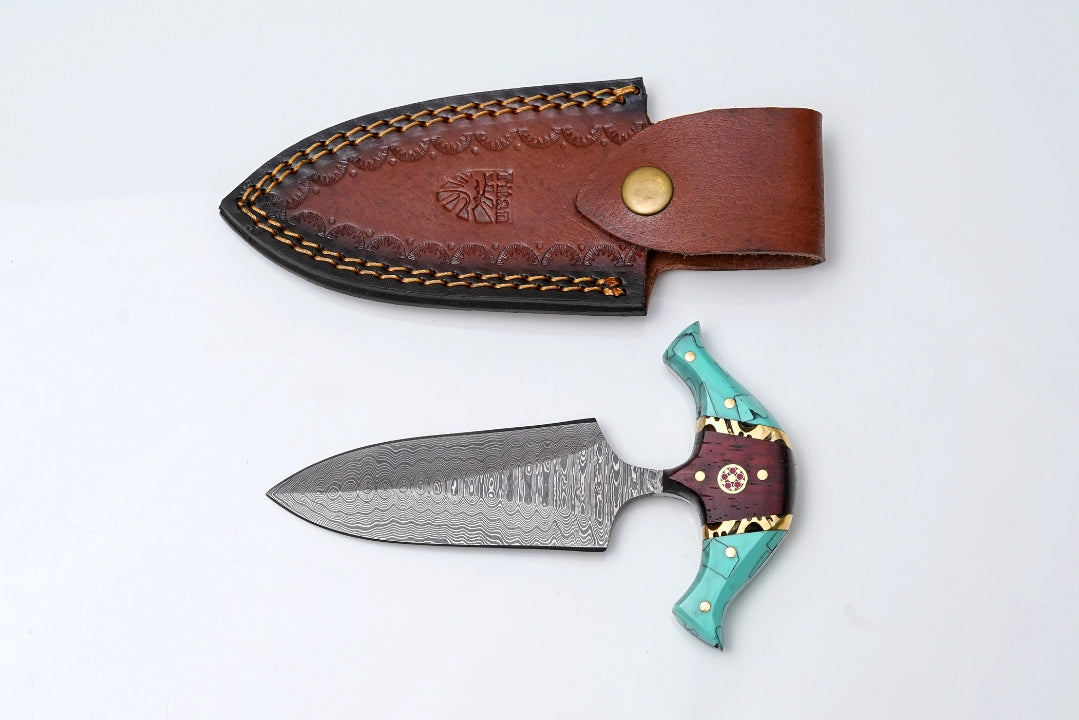 Hand-Forged Damascus Steel Push Knife | Teal Turquoise & Wood Hybrid Handle with Mosaic Pin | Palm Skinner
