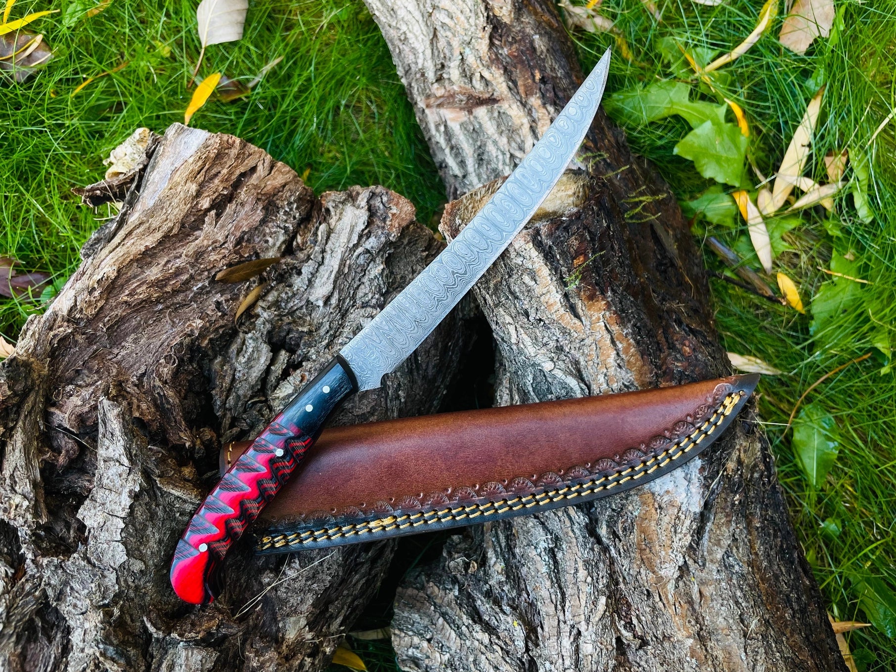 Damascus Steel Custom Flay Knife with Carved Grips TK-051