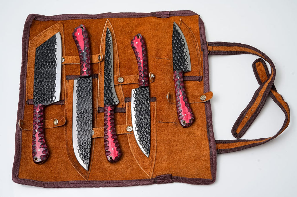 Titan International - 5-Piece Hand-Forged Kitchen Knife Set - Dragon Scale Carbon Steel - Red Diamond Wood Handles & Leather Roll