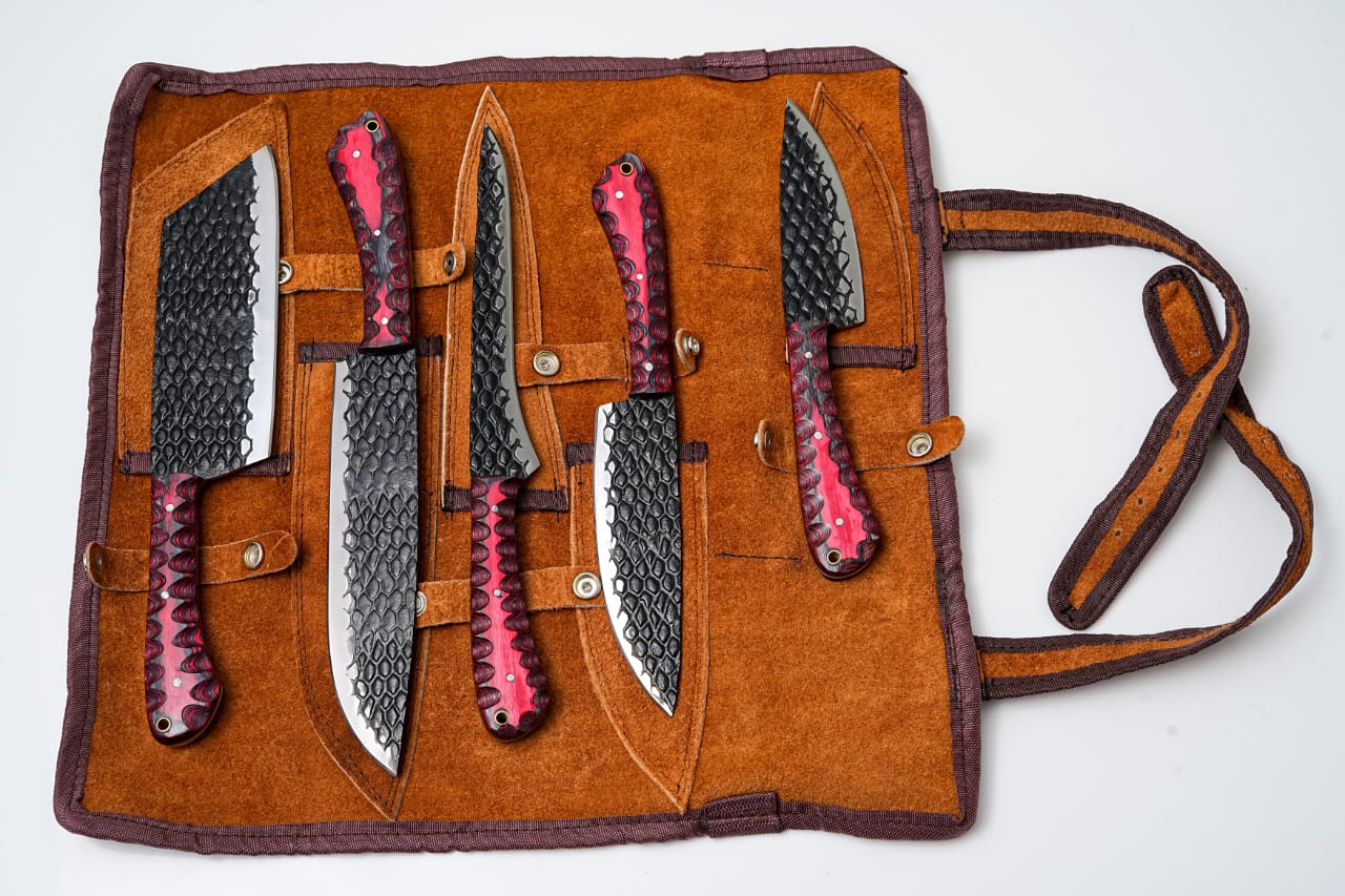 Titan International - 5-Piece Hand-Forged Kitchen Knife Set - Dragon Scale Carbon Steel - Red Diamond Wood Handles & Leather Roll