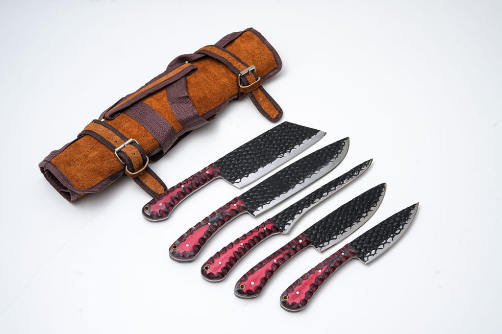 Titan International - 5-Piece Hand-Forged Kitchen Knife Set - Dragon Scale Carbon Steel - Red Diamond Wood Handles & Leather Roll