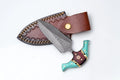 Hand-Forged Damascus Steel Push Knife | Teal Turquoise & Wood Hybrid Handle with Mosaic Pin | Palm Skinner