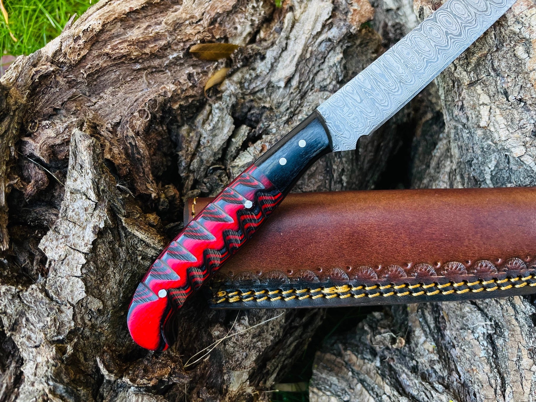 Damascus Steel Custom Flay Knife with Carved Grips TK-051