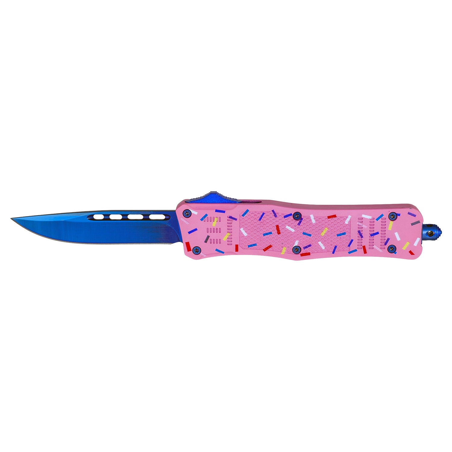 4.5" Pink Ice Cream Sprinkles Tactical OTF Out the Front Pocket Knife - Blue Clip Point Blade