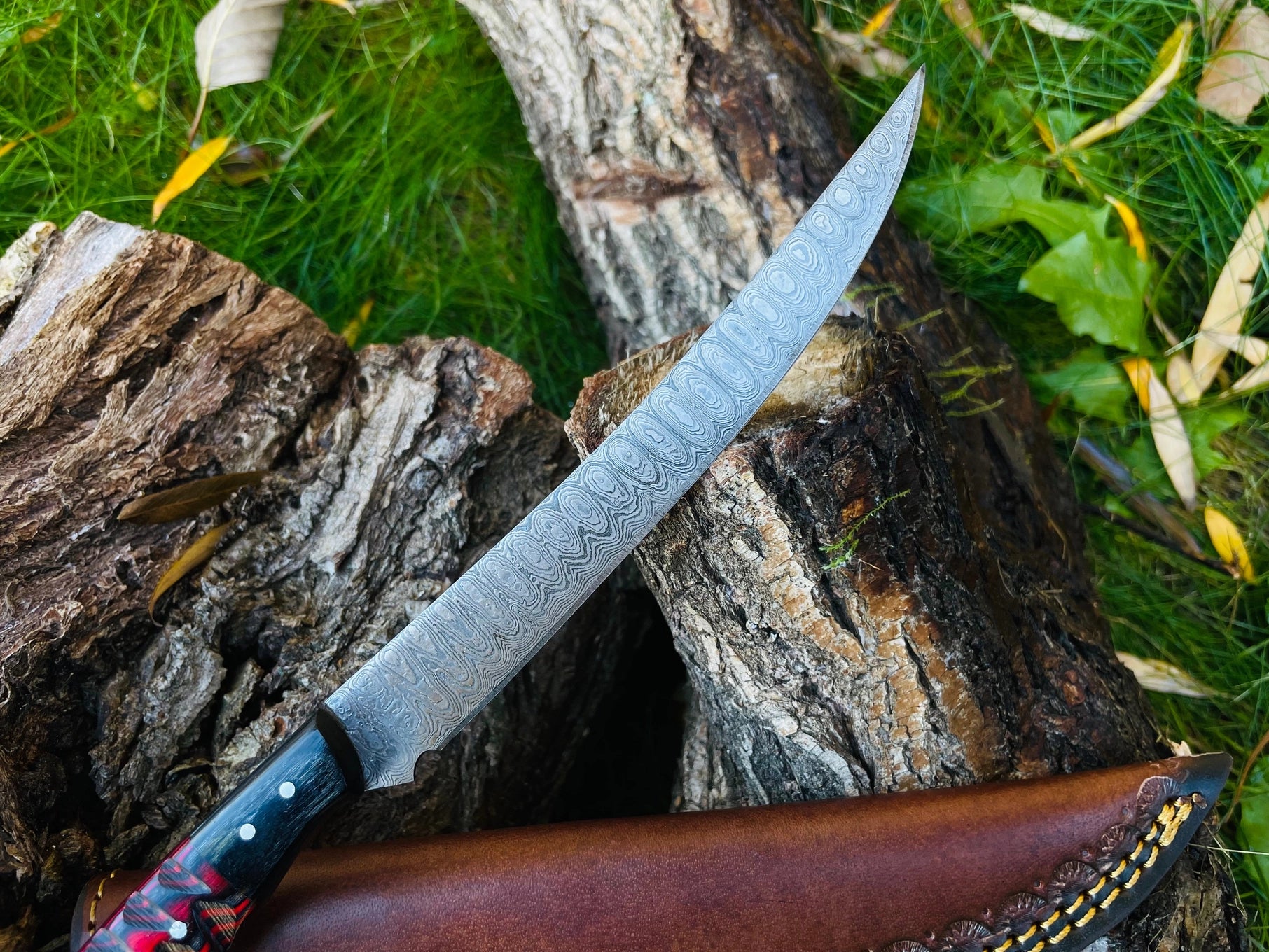 Damascus Steel Custom Flay Knife with Carved Grips TK-051