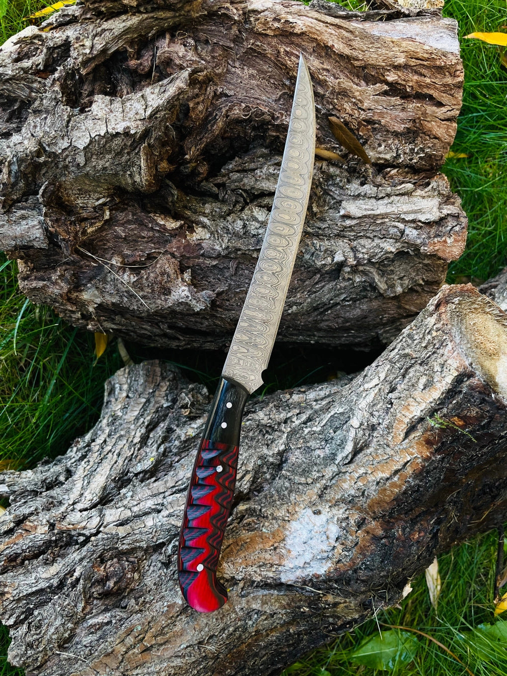 Damascus Steel Custom Flay Knife with Carved Grips TK-051